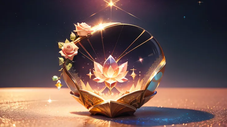 isometric design ，Rose made of gold and diamonds，Flash，Hanging on the side of the lake，There are rainbows and stars in the sky， THE MINI ，cute，Fantastic magic， extremely detailed background ，， Bright Light 