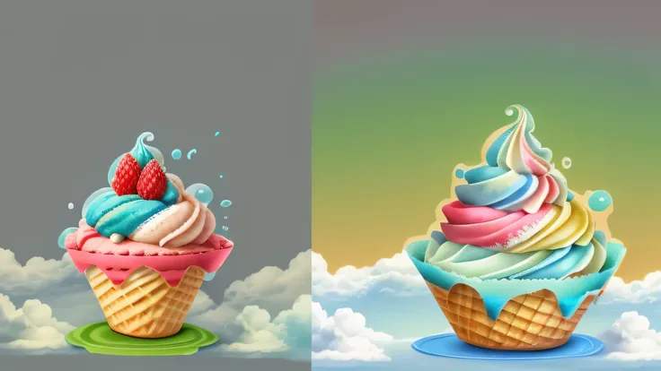 Gogo，ice cream，fruit，Ice cubes，Splash， with blue sky and white clouds 