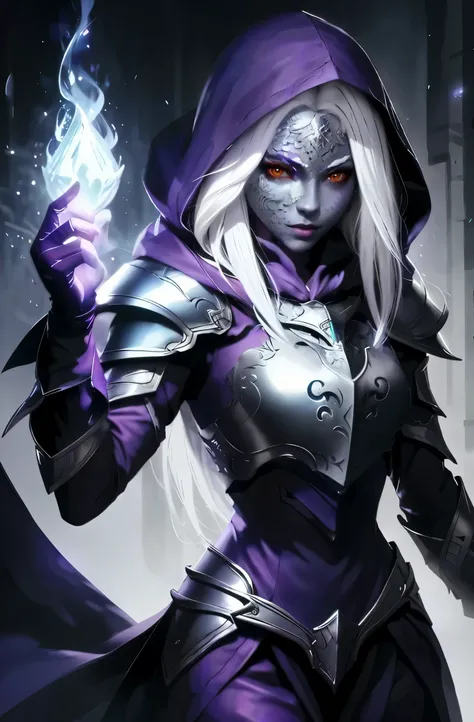 drow using a mask made of white dragon skales. skales pattern. mask fully made of scales. big white scales