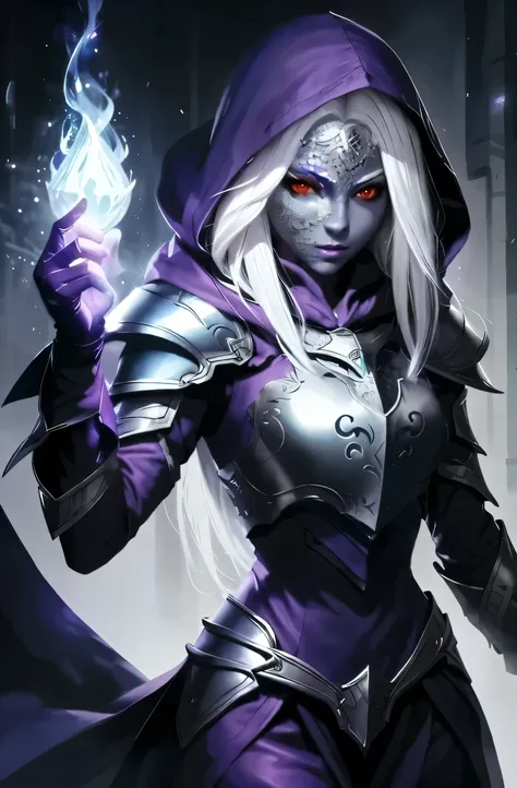 drow using a mask made of white dragon skales. skales pattern. mask fully made of scales. big white scales