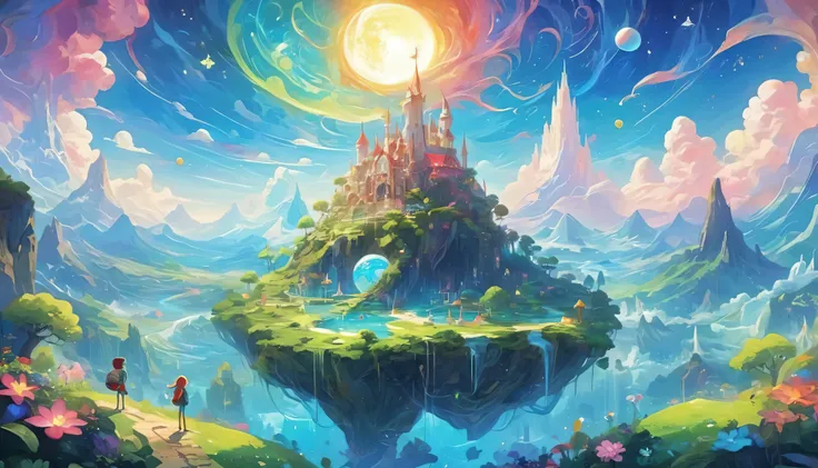 creating 8K high-resolution , conceptual animated images to depict a whimsical Fantasy landscape,is inspired by《Adventure Time .The scene should depict a landscape full of fantasy and fantasy,Beautiful European supermodel illuminated by surreal , Fantast...