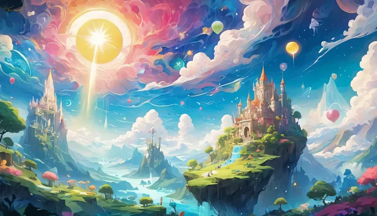 creating 8K high-resolution , conceptual animated images to depict a whimsical Fantasy landscape,is inspired by《Adventure Time .The scene should depict a landscape full of fantasy and fantasy,Beautiful European supermodel illuminated by surreal , Fantast...