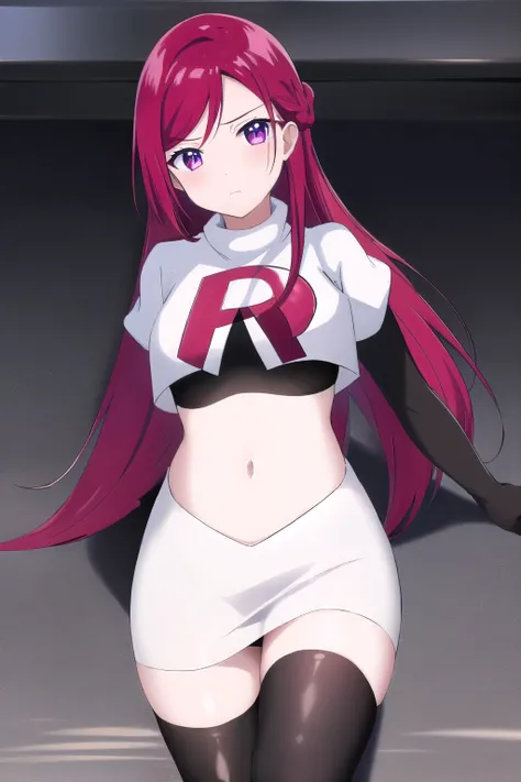 Pryde_Royal_Ivy, 1girl, solo, team rocket,team rocket uniform,white skirt,red letter R,crop top,black thigh-highs,black elbow gloves