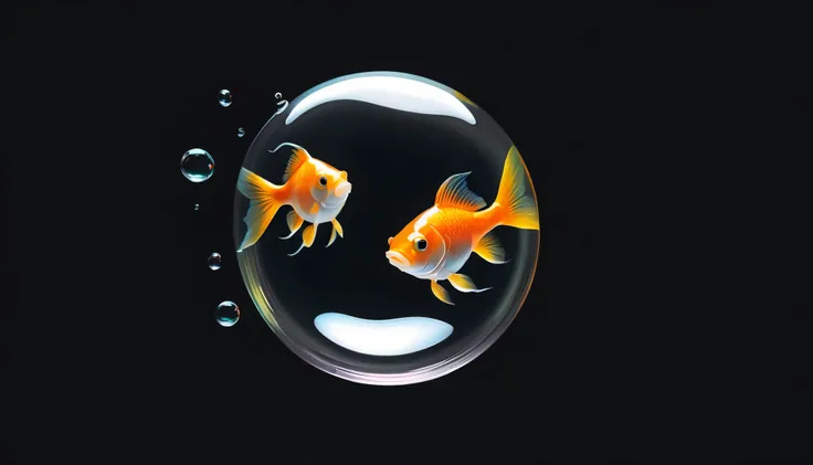 Digital oil painting style , One bubble with a small fish in it,  cool tones, summary, black background, (Simple positive xLv2 :1),