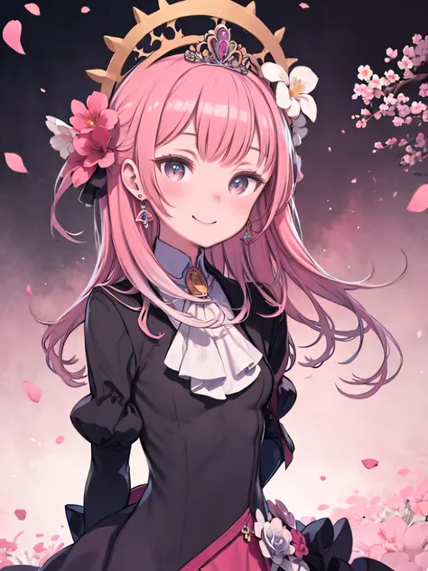  masterpiece,top quality,1 girl,Healing Blessings ,pink hair,flower, gloves, jacket, Hair Flower,hair ornaments close to the garden, tiara ,earrings, ascot ,smile, in a circle, petals, pink background, Gradient Background ,