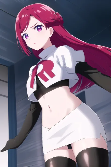 Pryde_Royal_Ivy, 1girl, solo, team rocket,team rocket uniform,white skirt,red letter R,crop top,black thigh-highs,black elbow gloves