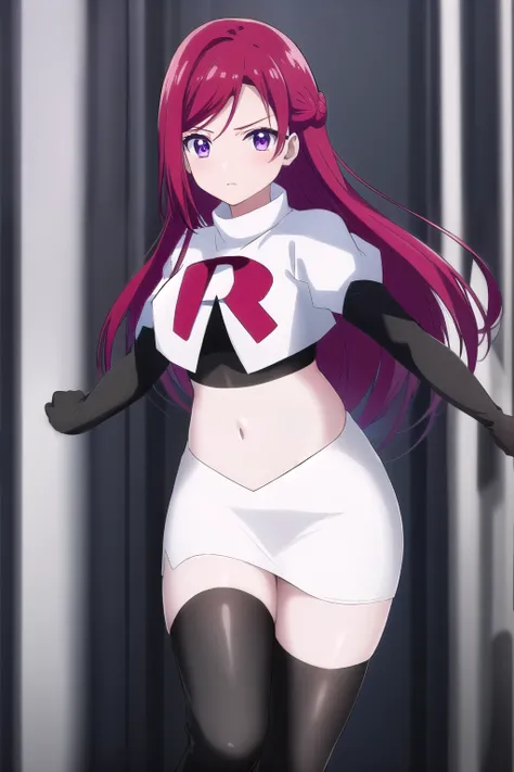 Pryde_Royal_Ivy, 1girl, solo, team rocket,team rocket uniform,white skirt,red letter R,crop top,black thigh-highs,black elbow gloves