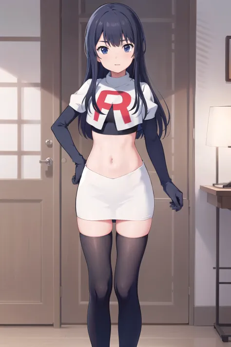 (masterpiece, best quality), 1girl, solo, nagase kotono, blush, team rocket,team rocket uniform,white skirt,red letter R,crop top,black thigh-highs,black elbow gloves