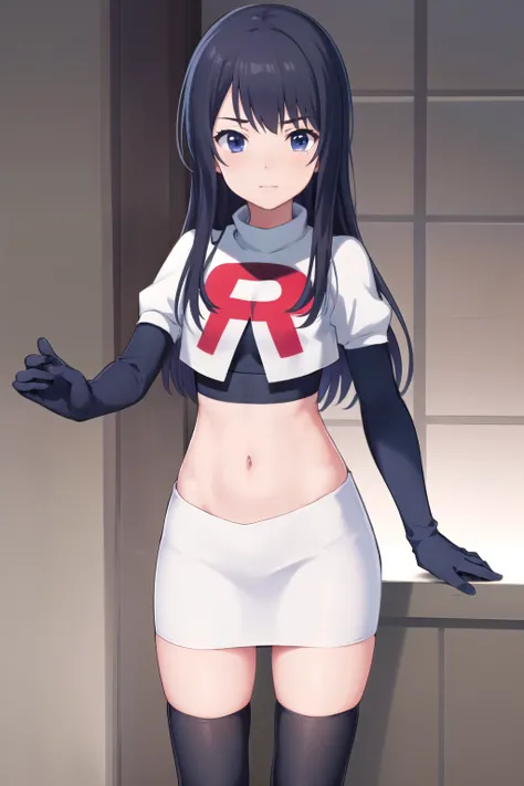 (masterpiece, best quality), 1girl, solo, nagase kotono, blush, team rocket,team rocket uniform,white skirt,red letter R,crop top,black thigh-highs,black elbow gloves