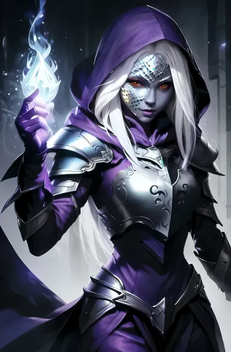drow using a mask made of white dragon skales. skales pattern. mask fully made of scales. big white scales