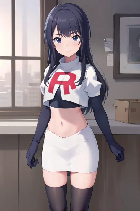 (masterpiece, best quality), 1girl, solo, nagase kotono, blush, team rocket,team rocket uniform,white skirt,red letter R,crop top,black thigh-highs,black elbow gloves