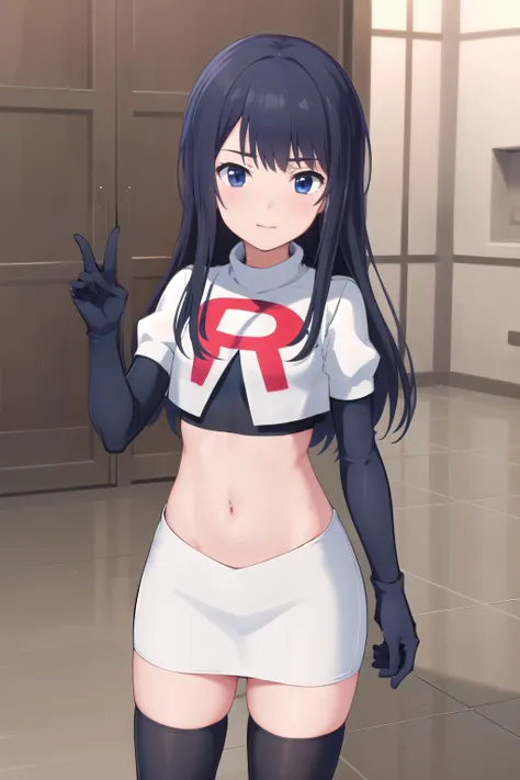 (masterpiece, best quality), 1girl, solo, nagase kotono, blush, team rocket,team rocket uniform,white skirt,red letter R,crop top,black thigh-highs,black elbow gloves