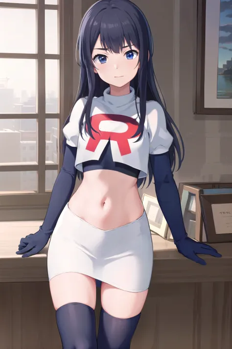 (masterpiece, best quality), 1girl, solo, nagase kotono, blush, team rocket,team rocket uniform,white skirt,red letter R,crop top,black thigh-highs,black elbow gloves