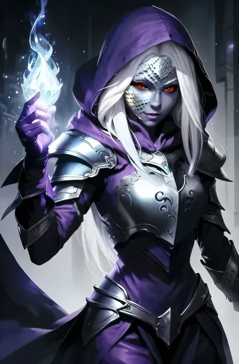 drow using a mask made of white dragon skales. skales pattern. mask fully made of scales. big white scales