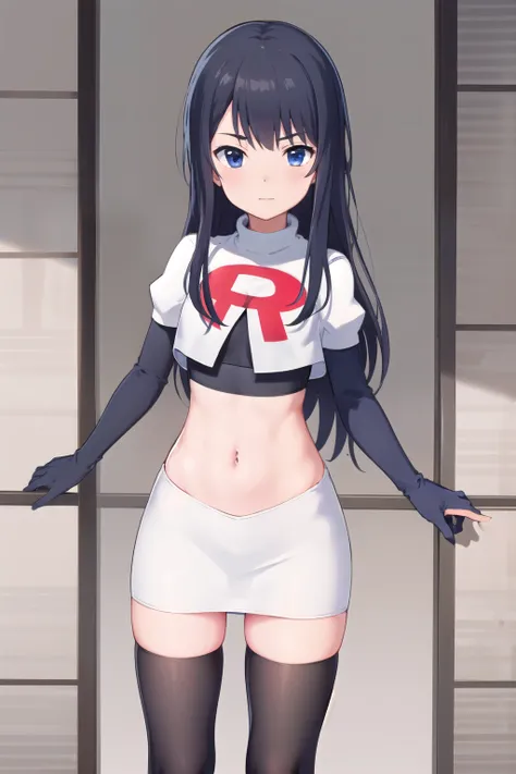 (masterpiece, best quality), 1girl, solo, nagase kotono, blush, team rocket,team rocket uniform,white skirt,red letter R,crop top,black thigh-highs,black elbow gloves