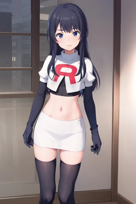 (masterpiece, best quality), 1girl, solo, nagase kotono, blush, team rocket,team rocket uniform,white skirt,red letter R,crop top,black thigh-highs,black elbow gloves