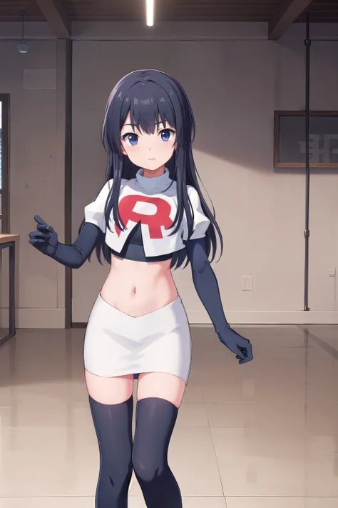 (masterpiece, best quality), 1girl, solo, nagase kotono, blush, team rocket,team rocket uniform,white skirt,red letter R,crop top,black thigh-highs,black elbow gloves