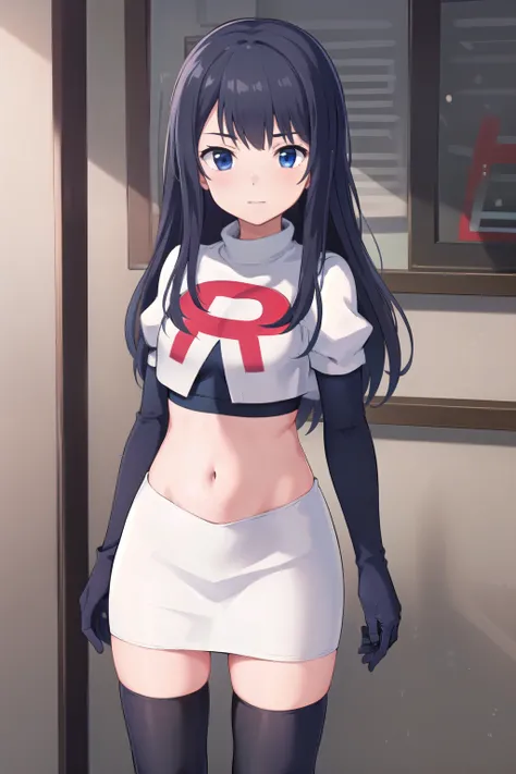 (masterpiece, best quality), 1girl, solo, nagase kotono, blush, team rocket,team rocket uniform,white skirt,red letter R,crop top,black thigh-highs,black elbow gloves
