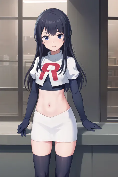 (masterpiece, best quality), 1girl, solo, nagase kotono, blush, team rocket,team rocket uniform,white skirt,red letter R,crop top,black thigh-highs,black elbow gloves