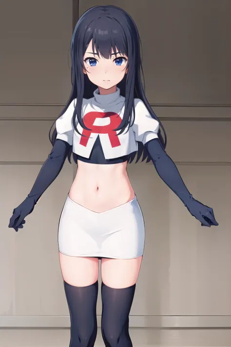 (masterpiece, best quality), 1girl, solo, nagase kotono, blush, team rocket,team rocket uniform,white skirt,red letter R,crop top,black thigh-highs,black elbow gloves