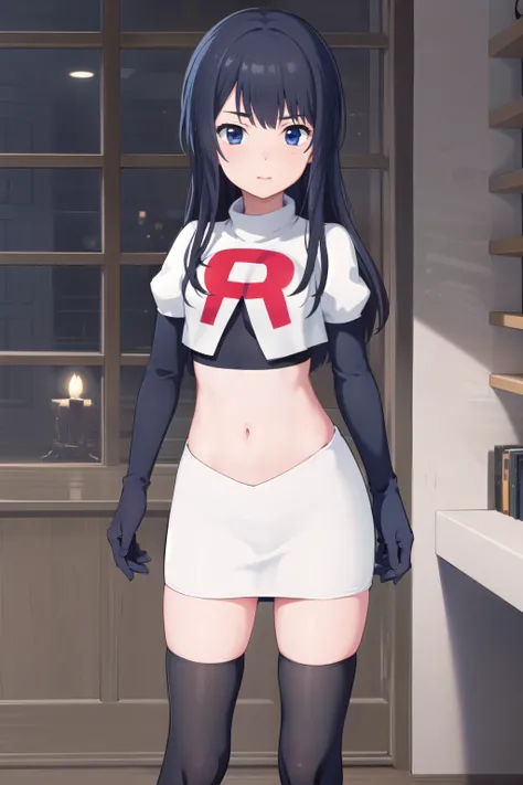 (masterpiece, best quality), 1girl, solo, nagase kotono, blush, team rocket,team rocket uniform,white skirt,red letter R,crop top,black thigh-highs,black elbow gloves