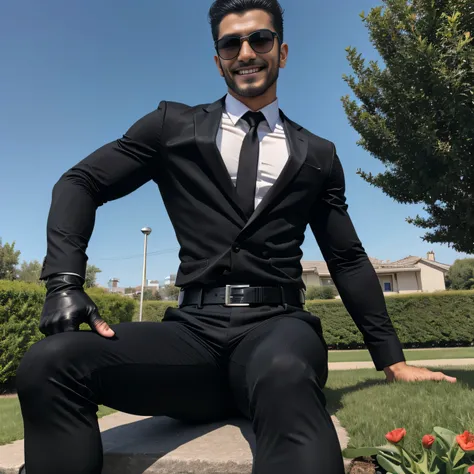 Age 50、handsome guy , One Man,、 muscularity、Ekin Mert Daymaz。 black shirt , black tie、 black slim pants 、Doğukan Polat  、garden、 on the lawn 、sit。 black shirt、 black tie、 black slim pants 、 upper body up　geff Bridges,　Front  　Menacing look　 black belt　 bla...