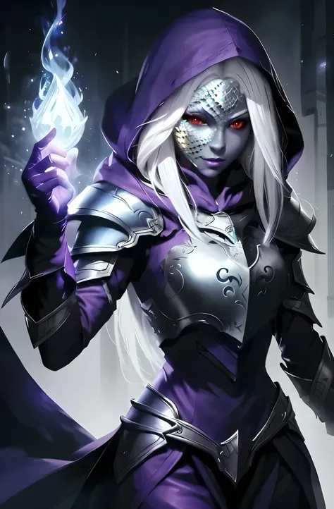 drow using a mask made of white dragon skales. skales pattern. mask fully made of scales. big white scales