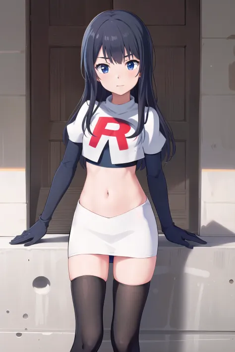 (masterpiece, best quality), 1girl, solo, nagase kotono, blush, team rocket,team rocket uniform,white skirt,red letter R,crop top,black thigh-highs,black elbow gloves