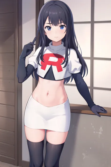 (masterpiece, best quality), 1girl, solo, nagase kotono, blush, team rocket,team rocket uniform,white skirt,red letter R,crop top,black thigh-highs,black elbow gloves