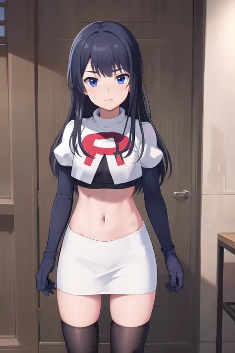 (masterpiece, best quality), 1girl, solo, nagase kotono, blush, team rocket,team rocket uniform,white skirt,red letter R,crop top,black thigh-highs,black elbow gloves