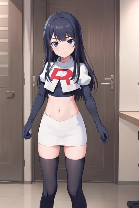 (masterpiece, best quality), 1girl, solo, nagase kotono, blush, team rocket,team rocket uniform,white skirt,red letter R,crop top,black thigh-highs,black elbow gloves