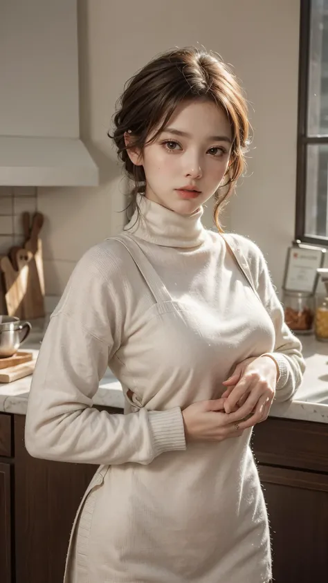 a woman in a modern kitchen setting, wearing an apron, posing and looking directly at the camera, (best quality,4k,8k,highres,masterpiece:1.2),ultra-detailed,(realistic,photorealistic,photo-realistic:1.37),extremely detailed eyes and face,beautiful detaile...