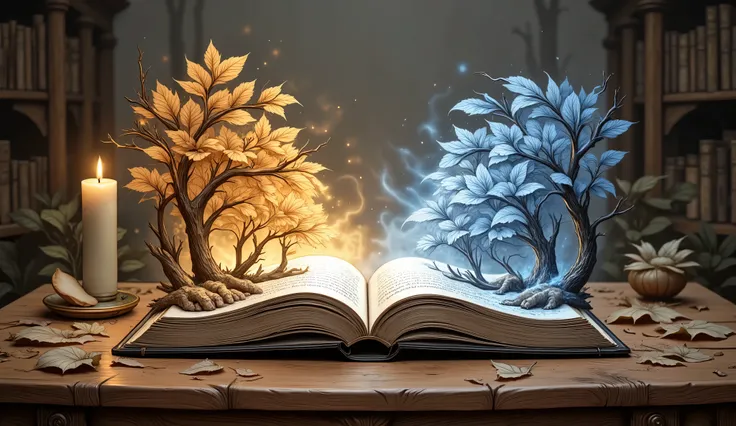 Double exposure, a grand fairy-tale book lies open on an ancient wooden table bathed in warm candlelight. The left page blooms with vibrant autumn hues—golden leaves cascading from painted branches, swirling in an unseen breeze. The right page is frozen in...