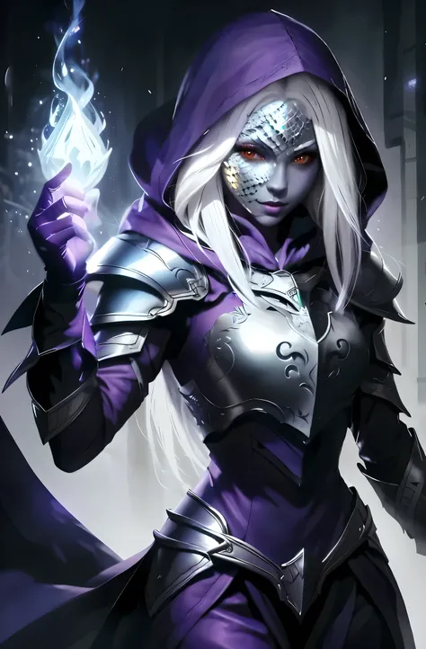 drow using a mask made of white dragon skales. skales pattern. mask fully made of scales. big white scales