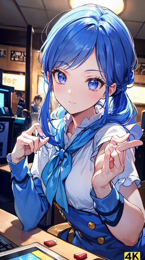 a beautiful young woman with long blue hair, medium length hairstyle, bust-up portrait, wearing casual date outfit, playing in an arcade, 20 years old, aikatsu, aoi kirisame ai, (best quality,4k,8k,highres,masterpiece:1.2),ultra-detailed,(realistic,photore...