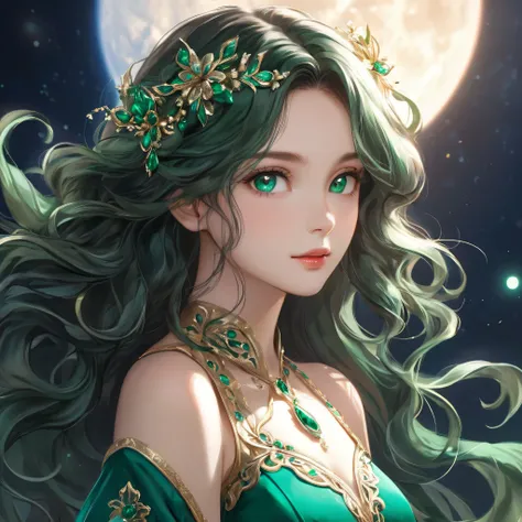 "A radiant and elegant looking woman,  astronaut with long wavy hair, dark brown color,  that fall softly over her shoulders .  She has large and expressive eyes , of emerald green color,  with long, delicate lashes . Your face is delicate,  overhangs with...