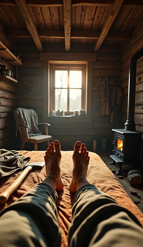 An ultra-realistic image in the POV (Point of View) style, capturing the first-person perspective of a lumberjack waking up in his rustic wooden bed at dawn. The warm light of the early morning filters through the small window, casting soft shadows across ...