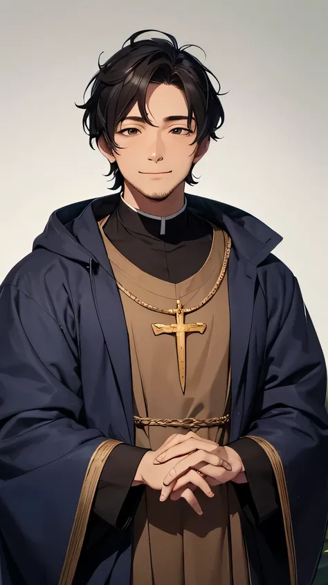 A medieval character, a 38-year-old male human clergyman with untidy black hair,  unshaven,  brown eyes,  look serene ,  friendly smile, simple blue clothes