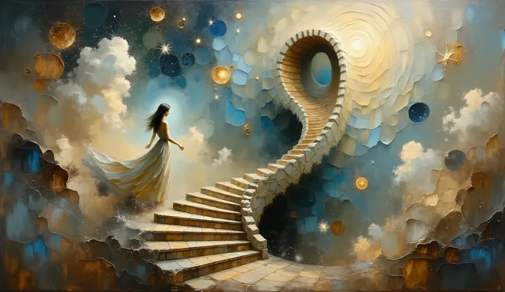lone female figure in flowing dress ascending Escher-inspired spiral staircase, intricate geometric patterns merging with swirling Van Gogh brushstrokes, double exposure effect blending cosmic space and earth tones, oil painting with dramatic ink splashes,...