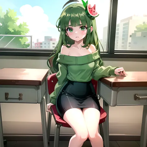 (masterpiece, best quality), 1girl, Vannamelon, indoors, classroom, seated, green eyes, green hair, long hair, green off shoulder sweater, green pencil skirt, red and green platforms