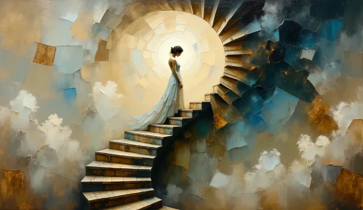 lone female figure in flowing dress ascending Escher-inspired spiral staircase, intricate geometric patterns merging with swirling Van Gogh brushstrokes, double exposure effect blending cosmic space and earth tones, oil painting with dramatic ink splashes,...