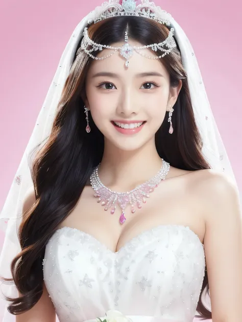 (Highest quality、Tabletop、8k、Best image quality、Award-winning works)、One beautiful bride、(alone:1.1)、(The most extravagant and gorgeous huge pure white wedding dress:1.1)、(Perfect Wedding Lace:1.2)、(The most gorgeous and luxurious giant tiara:1.3)、(The mos...