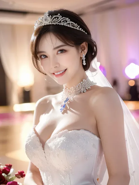 (highest quality、Tabletop、8k、Best image quality、Award-winning works)、One beautiful bride、(alone:1.1)、(The most extravagant and gorgeous huge wedding dresses:1.1)、(Perfect Wedding Lace:1.2)、(The most extravagant and luxurious giant tiara:1.1)、(The most extr...