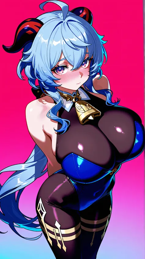 (low lighting), (neon atmosphere), light background, ganyu from genshin impact, blue Hair, ((purple eyes)), big detailed eyes, ulzzang, cleavage, big breasts, heavy blushing, Kizi girl，Highly detailed, Amazing work，Vitreous luster,((clean backdrop))，In pin...