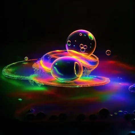 A close up of beautiful bubbles floating on top of each other, LSD, DMT imagery. octane render, psychedelic droplets of water, abstract liquid, and intricate rainbow art. octane render, black 3d fluid simulation,  ethereal bubbles, swirling liquids, and hi...