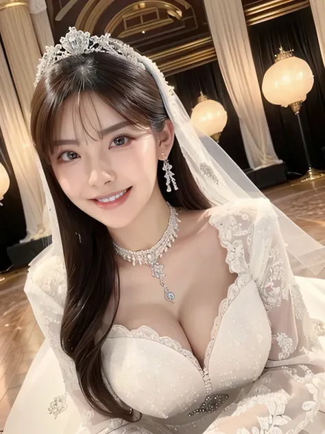 (highest quality、waist shot、8k、Best image quality、Award-winning works)、One beautiful bride、(alone:1.1)、(The most extravagant and gorgeous huge wedding dresses:1.1)、(Perfect Wedding Lace:1.2)、(The most extravagant and luxurious giant tiara:1.1)、(The most ex...