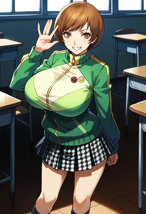 score_9, score_8_up, source_anime
1 girl, solo, cute face,
p4chie, satonaka chie, short hair, brown hair
p4chie-winuni, school uniform, yasogami school uniform, green jacket, zipper, button badges, pleated skirt, houndstooth skirt, socks, loafers,
classroo...