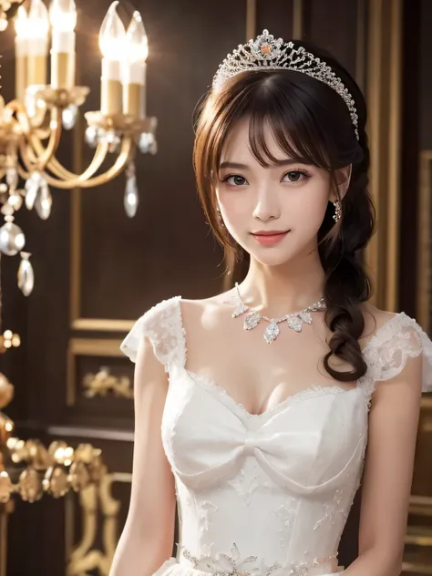Dramatic composition, Court dress, Royal, nice, Cascading Ruffles, Raffle, bow,  crystal chandelier , Roman Curl Hairstyle , Place,   double ponytail like a drill ,  look at the camera, bangs,   Maximalism  , Palace-like background,  delicate hair and eye ...
