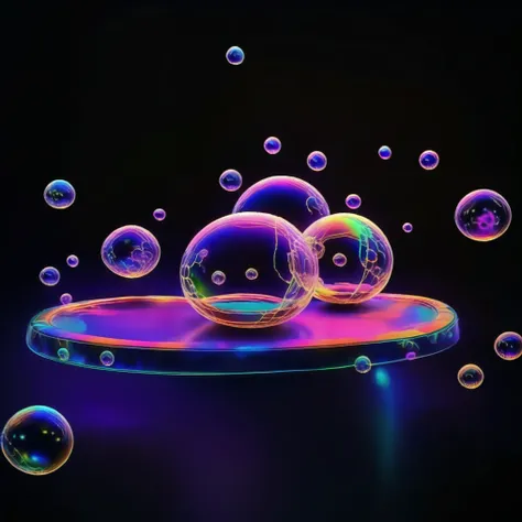 A close up of beautiful bubbles floating on top of each other, LSD, DMT imagery. octane render, psychedelic droplets of water, abstract liquid, and intricate rainbow art. octane render, black 3d fluid simulation,  ethereal bubbles, swirling liquids, and hi...