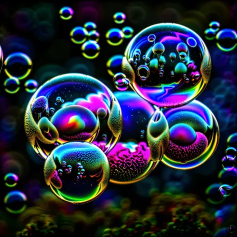 A close up of beautiful bubbles floating on top of each other, LSD, DMT imagery. octane render, psychedelic droplets of water, abstract liquid, and intricate rainbow art. octane render, black 3d fluid simulation,  ethereal bubbles, swirling liquids, and hi...